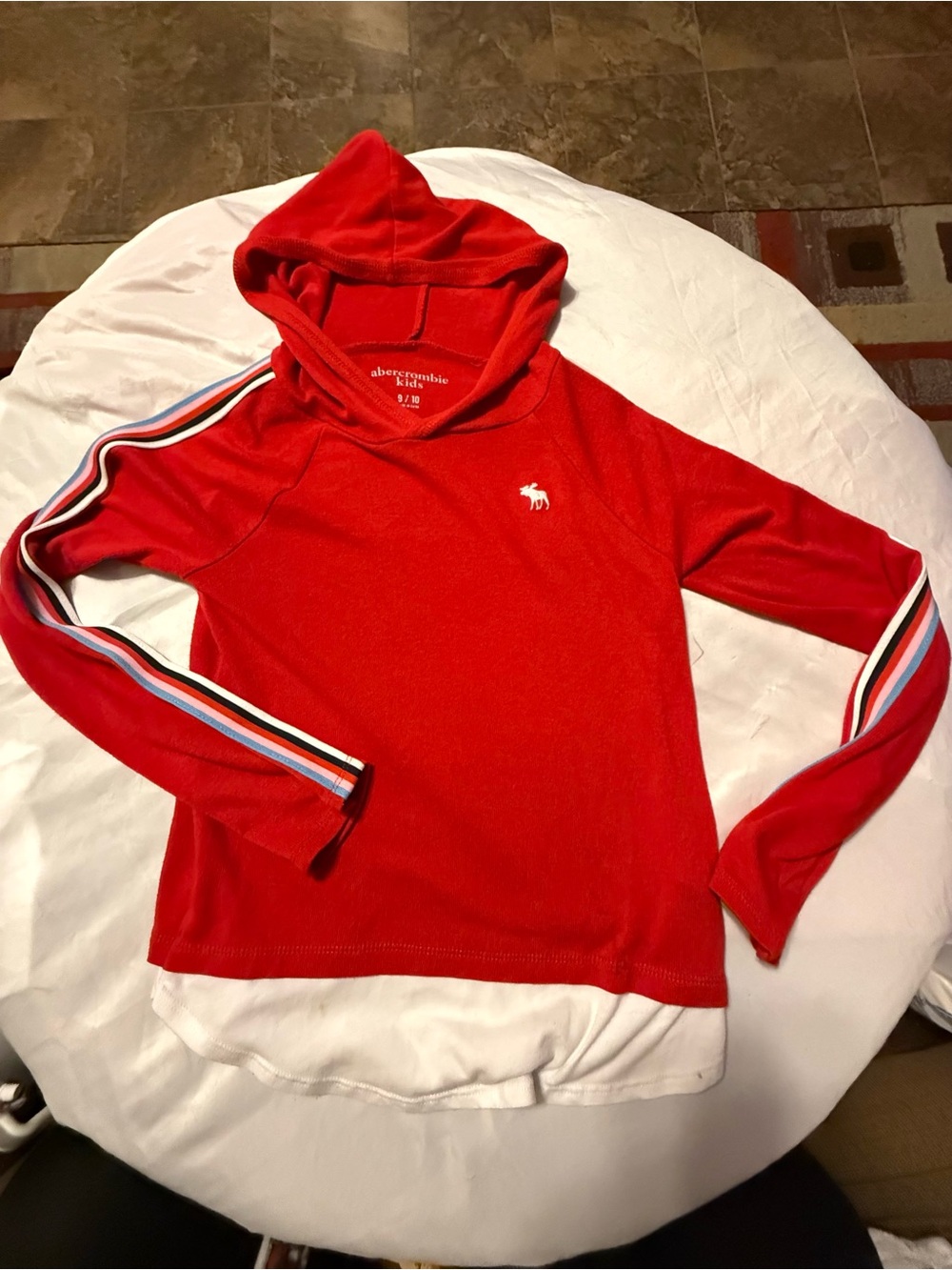 abercrombie kids Red Hooded Crewneck with Tricolor Stripe Sleeves